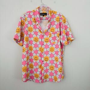 Molokai Surf Co Pink Trippy Daisy Short Sleeve Button Up Shirt Men’s Size L